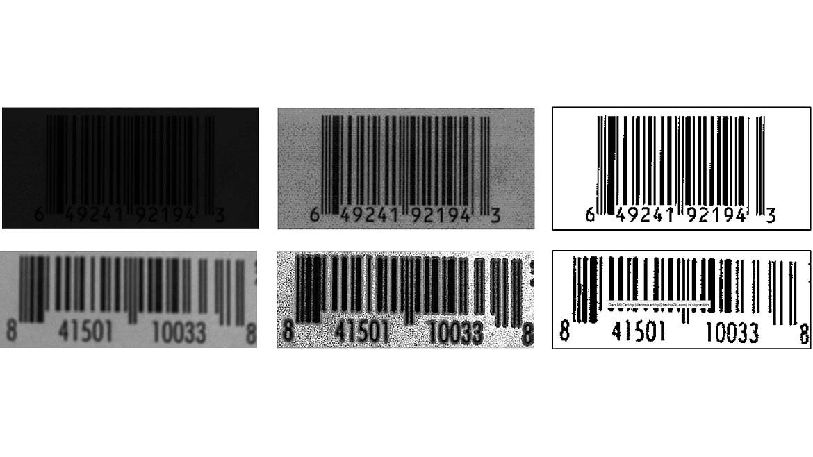 two examples each of unprocessed barcode images (left), enhanced images (middle), and final binary images ready for reading (right). 