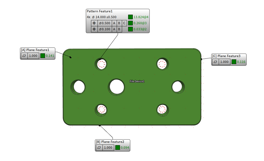 QTY 0122 Faro Infocenter Topic1-3 Figure 9. Two single-segmented position tolerancing (created using BuildIT Metrology software).