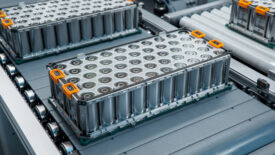 Lithium-ion High-voltage battery component for Electric Vehicle or hybrid car on production line.