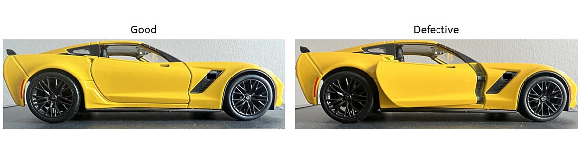 AI Figure 2. Cardev Two side-by-side images of a yellow sports car facing right, a label of 'Good' above the left and 'Defective' above the right image.