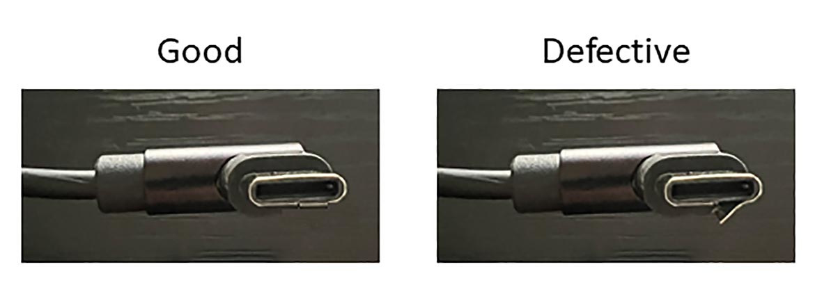 Figure 4. MBD samples. Two black and white, side-by-side images of a charger tip with a label of 'Good' on the left image and 'Defective' on the right image.