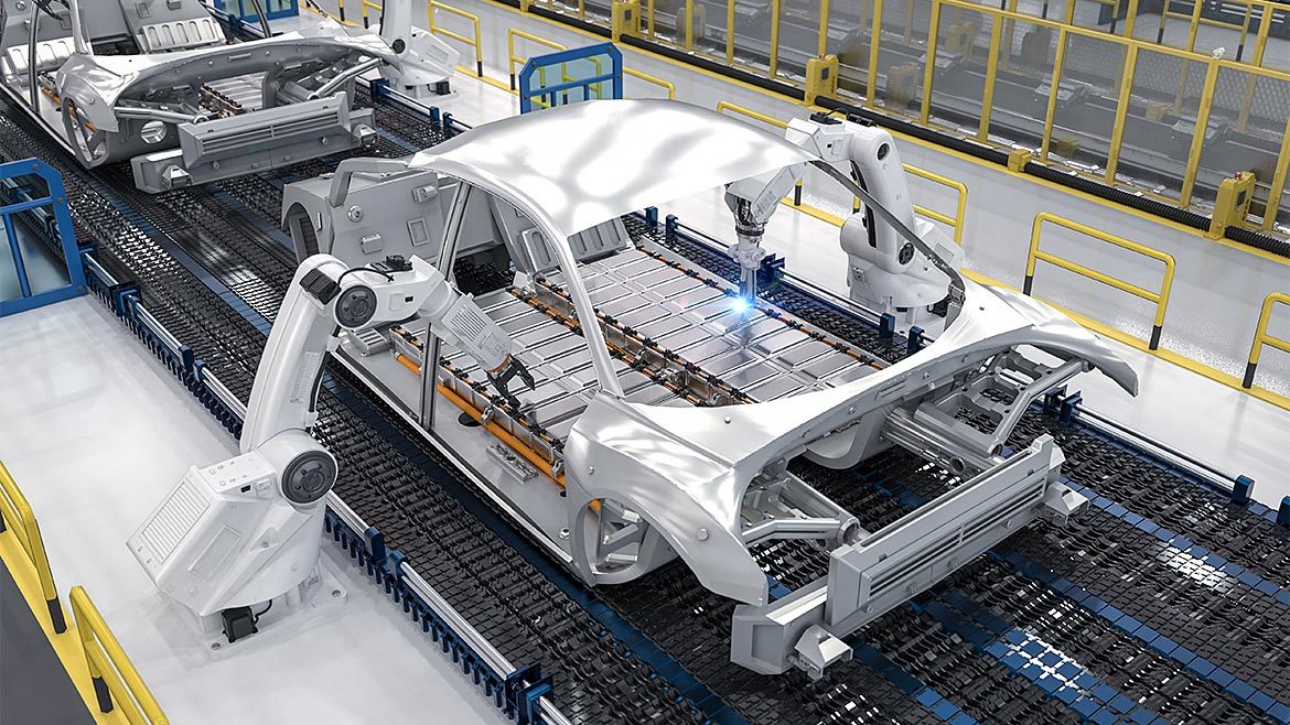 Robot assembly line with electric car battery cells module on platform