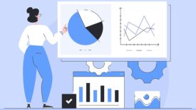 Illustration of woman facing virtual charts and graphs for a project management presentation.