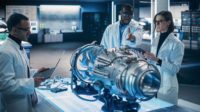 Airplane Engine Engineer and Scientist Work on a Futuristic Turbine Motor, Standing with Tablet Computer in Scientific Technology Lab.