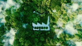 3d rendering of a pond shaped like a factory in the middle of a lush forest