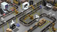 3d schematic of a factory using Metrology solutions in the production line - illustration Industry 4.0.