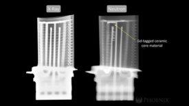 Gadolinium-tagged turbine blade shows highlighted ceramic core material in neutron image that is invisible to x-ray.