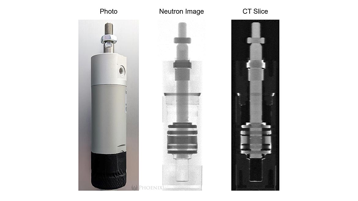 Neutron CT scan of aluminum pneumatic actuator. Left: Photo of actuator taped to CT stage. Center: A single neutron image from the scan. Right: Frontal slice of the CT reconstruction.