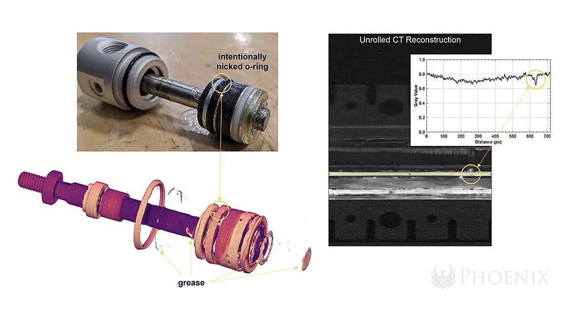 Analysis of actuator nCT reveals a damaged o-ring that is invisible in 2D imaging.